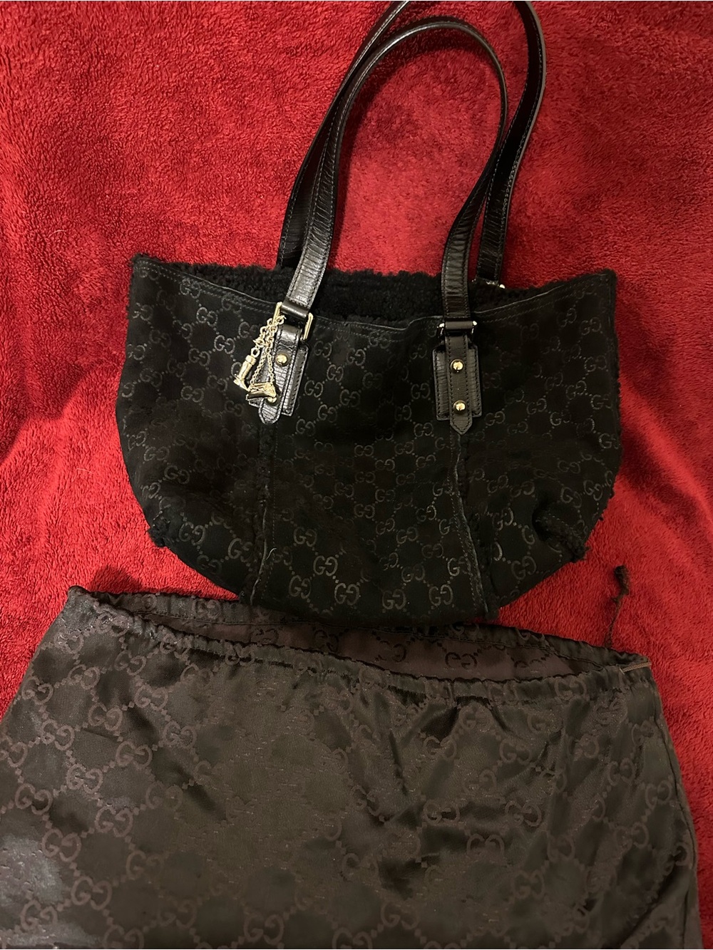 Gucci Black GG Suede Tote with Leather Handles and Charm